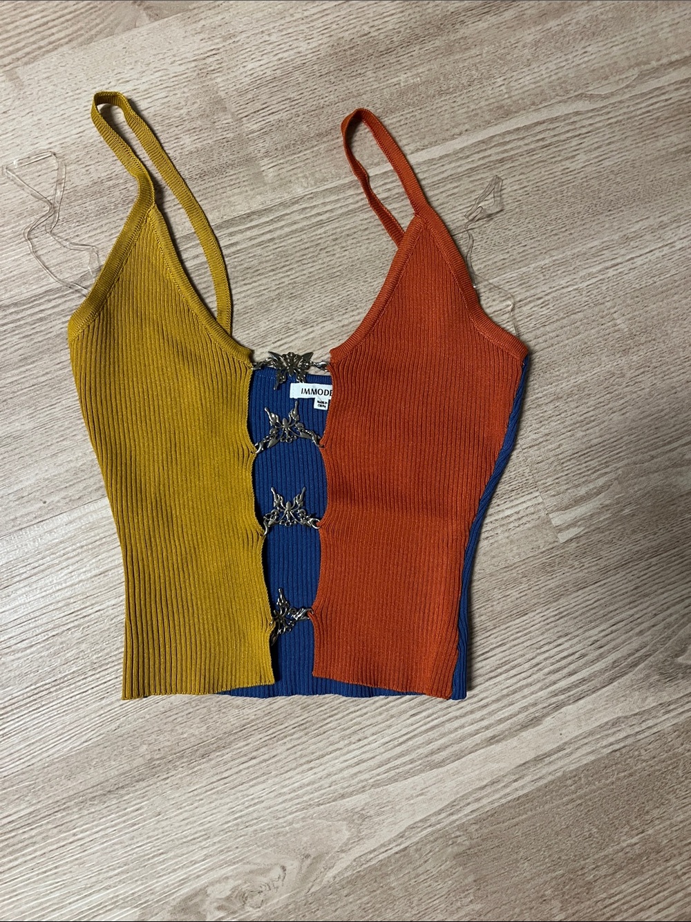 Colorblock Knit Tank Top with Decorative Rings - Mustard, Orange, Blue